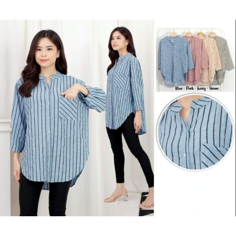 Kemeja Wanita Motif Salur / Atasan Wanita Salur Bahan Crinkle