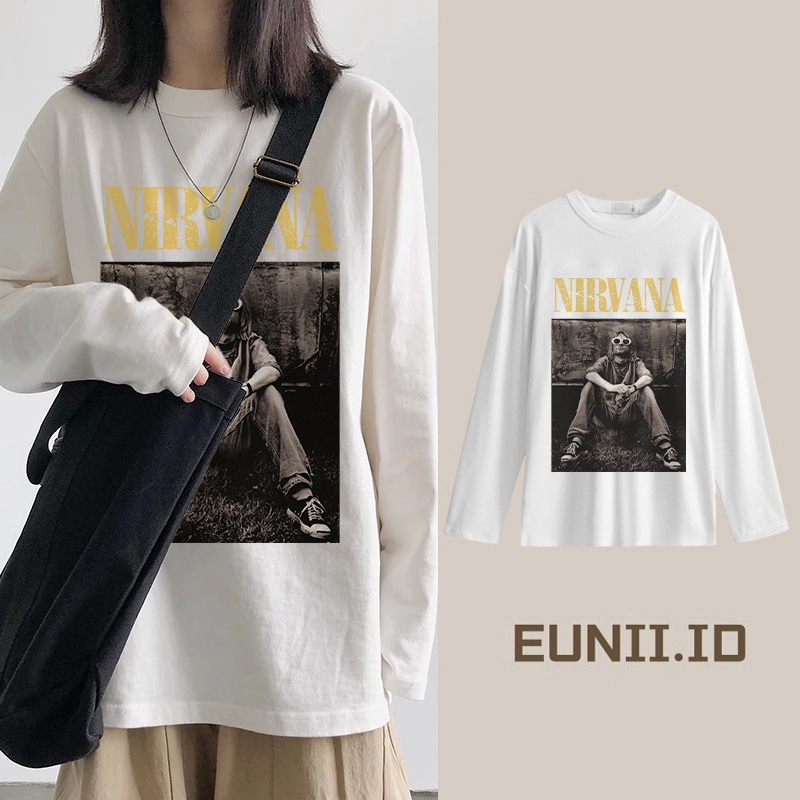 EUNII Kaos Wanita Lengan Panjang Longgar Motif Potret/Atasan Longgar Lengan Panjang Wanita Terbaru/K