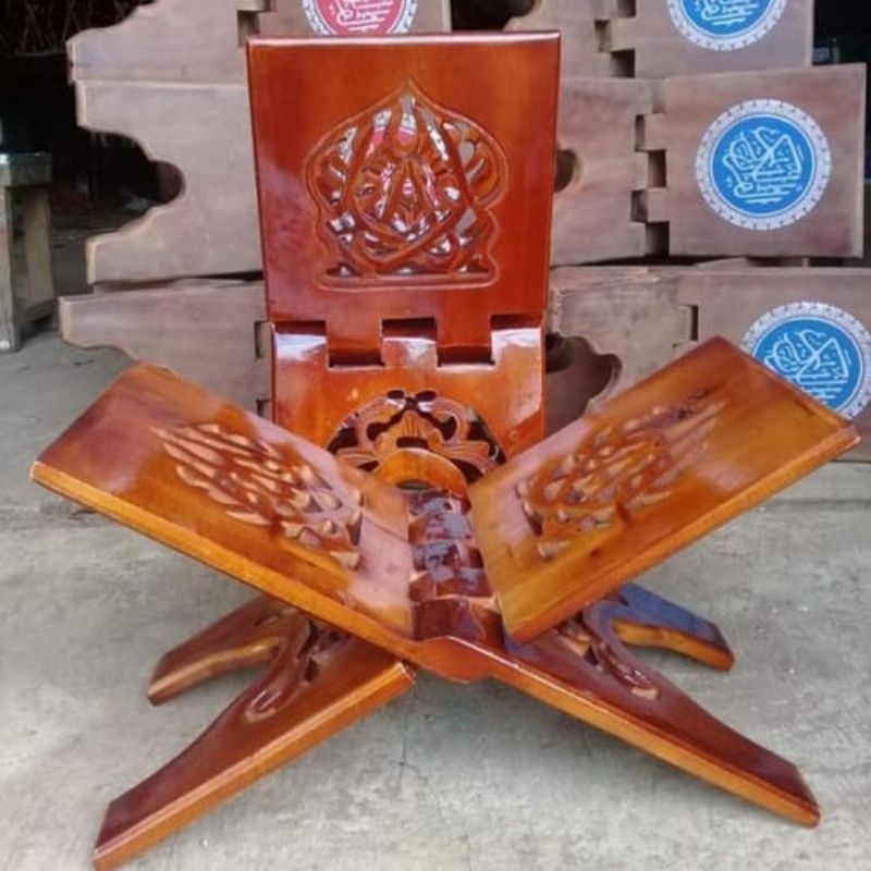 Rekal / Rekhal Alquran Lipat - Tempat Baca Alquran Motif Iqra' 100% dari Kayu Jati Mahoni