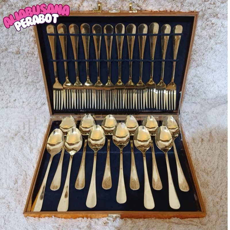 SENDOK STAINLESS EMAS + BOX PREMIUM/SENDOK GARPU WARNA EMAS