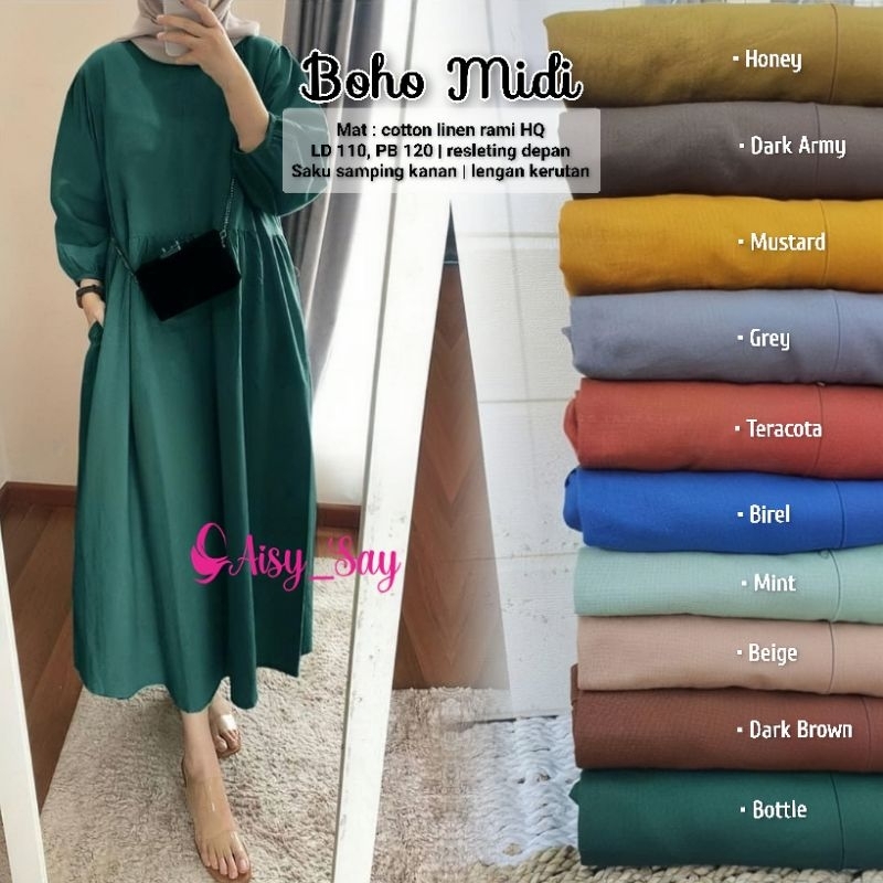 By Aisysay Boho Midi Dress Bahan Linen Rami-Midi Dress Muslim Korean Style-Casual Midi Dress Busui-M