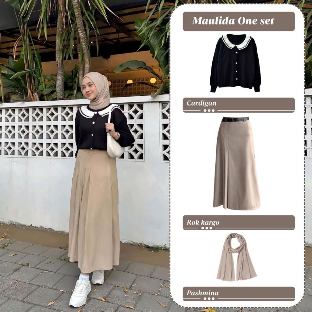 Maulida Outfit Set Wanita Hijab Cardigan Kancing Rajut Rok Kargo  Pasmina Jersey Simple Casual Ootd