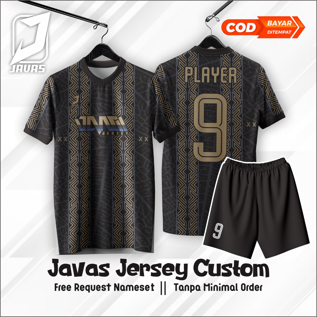 Javas Jersey Futsal Baju Bola Hitam Emas Gold Printing Custom Nama Nomor + Logo