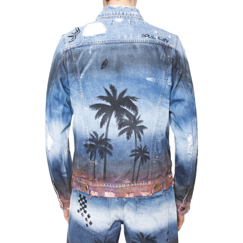 Amiri Blue Palm Tree Handmade Distressed Denim Line Jacket X Jaket Jeans Iron Heart Lee Kapital RRL 