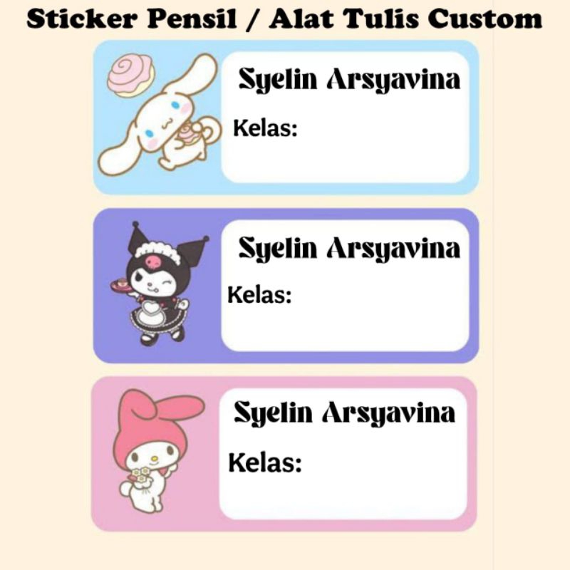 

(ISI 50 PCS) STICKER PENSIL ALAT TULIS SEKOLAH MOTIF SANRIO CUSTOM NAMA