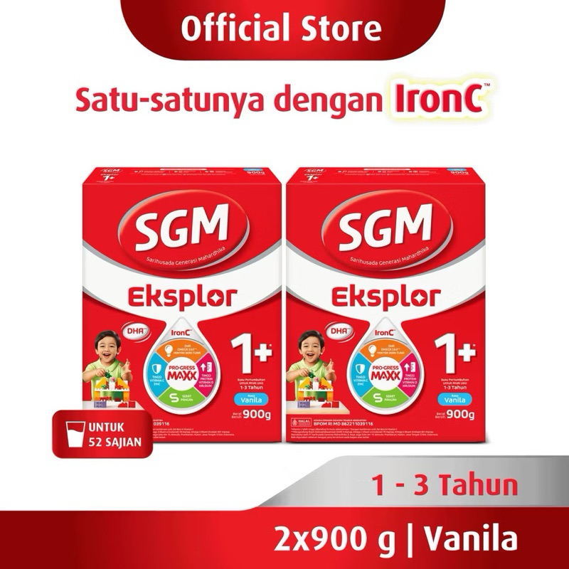 SGM EKPLOR 1+ dengan ironc susu pertumbuhan rasa madu dan vanila 900GRx2 dus