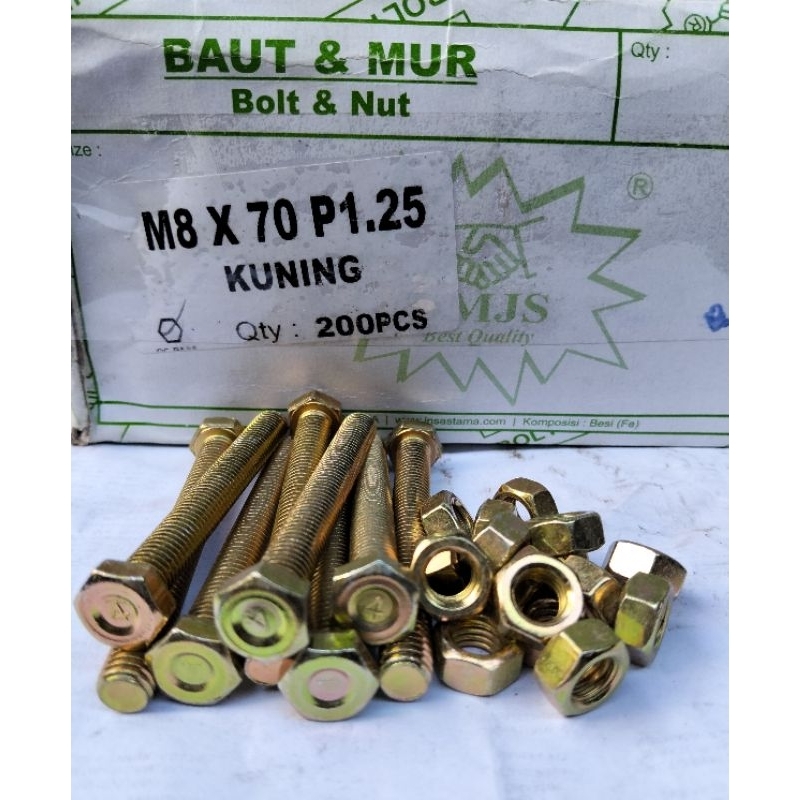 Baut + Mur kuning Bmk HEX M8x70 ( 7cm ) kunci 12