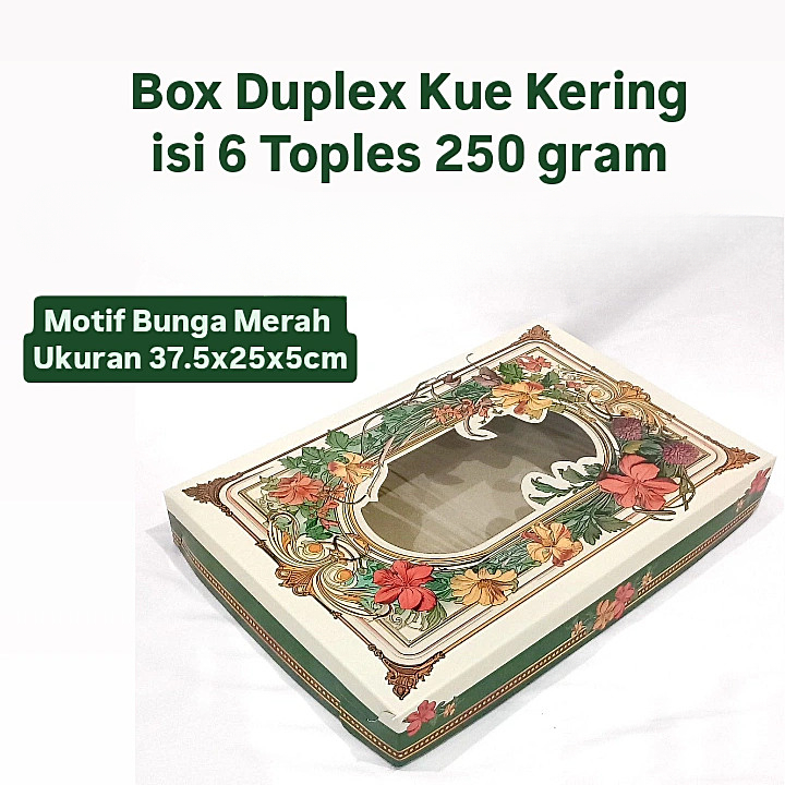 

Box Duplex Dus Kue Kering Muat 6 Toples 250gr Kotak Motif Bunga Merah