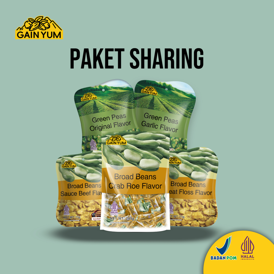 

[ PAKET SHARING ] Gain Yum Snack - All Varian Kacang Koro (CRAB ROE 285G, SAPI 75G, ABON SAPI 75G) dan Kacang Polong (ORI & GARLIC 75G)