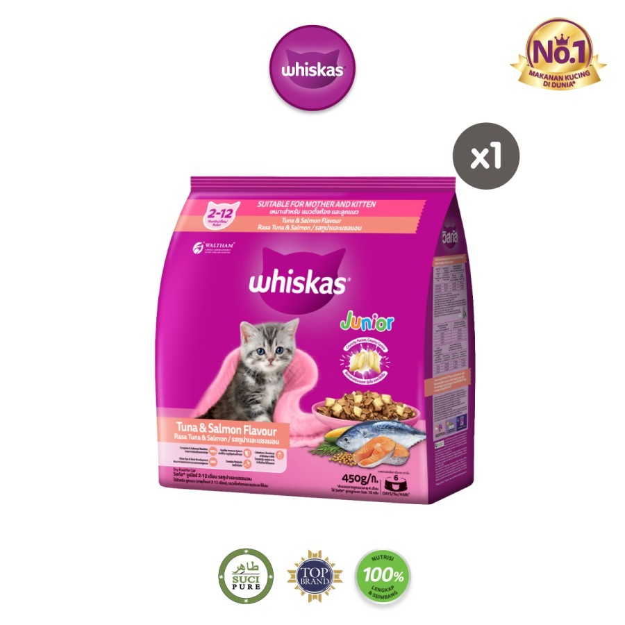 Whiskas Kitten Junior Tuna Salmon Freshpack 450gram Makanan Kucing Kering