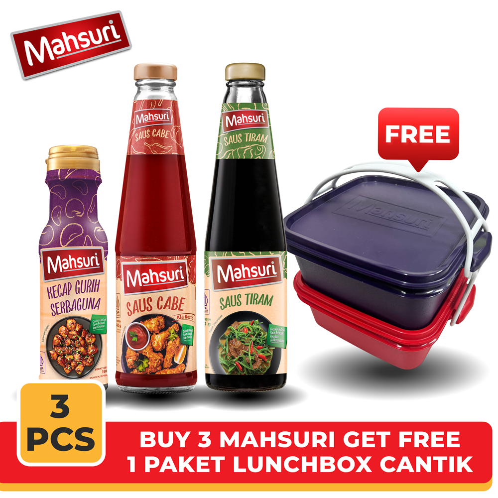 

Gift Pack D - Mahsuri Kecap Gurih Serbaguna 190 gr, Mahsuri Saus Cabe 490 gram, Mahsuri Oyster Sauce 510 gr Gratis 1 Set Lunch Box Mahsuri