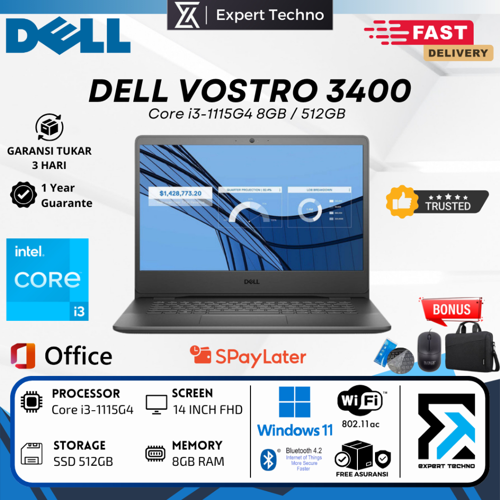 DELL VOSTRO 3400 Intel Core i3-1115G4 RAM 16GB SSD 512GB 14" Inch Full HD Windows 11