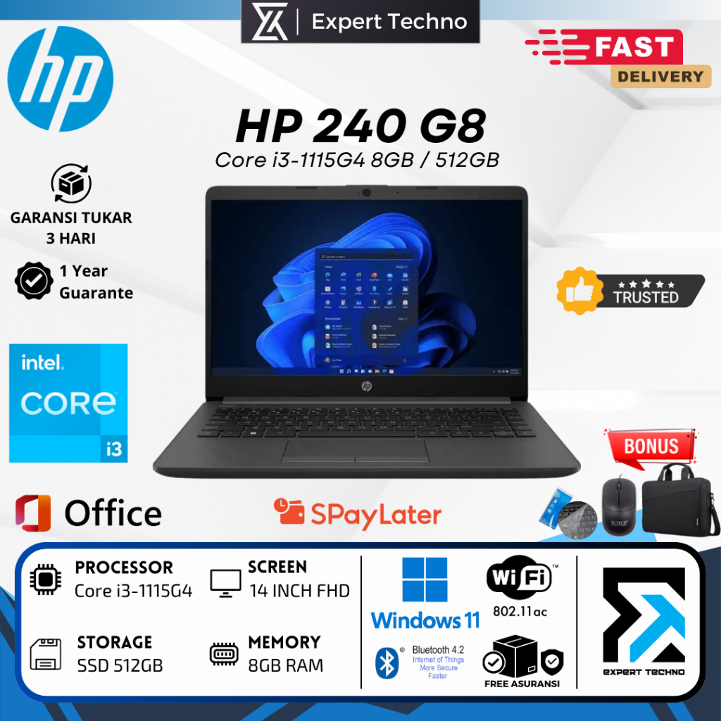 HP 240 G8 Intel Core i3-1115G4 RAM 8GB SSD 512GB 14INCH Windows 11