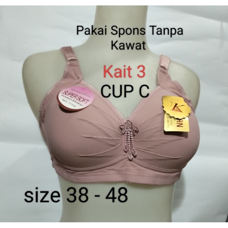 BH CUP C (agak Besar) 77752 Kait 3 Pakai Spons Tanpa Kawat Size 38 - 48 BH Remaja Pakaian dalam wani