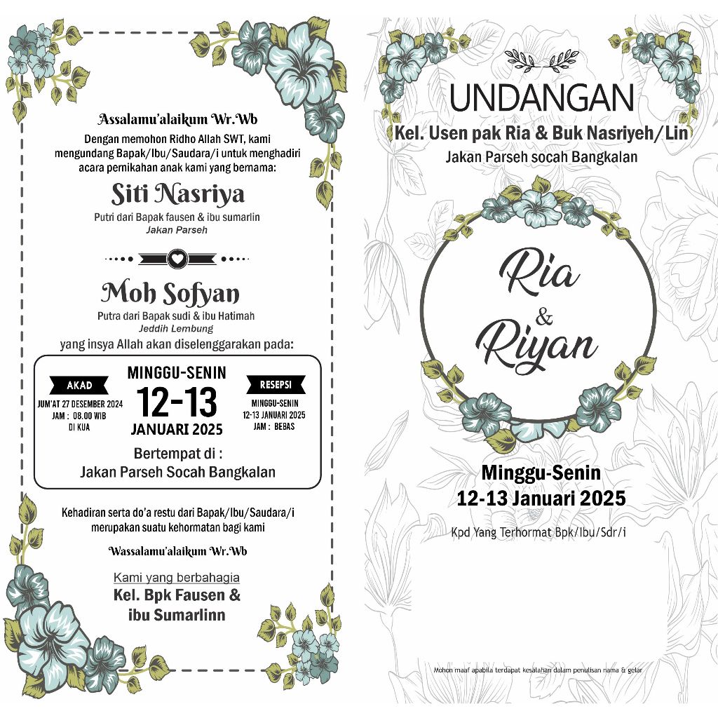 undangan pernikahan dengan foto 1 lembar 2 sisi