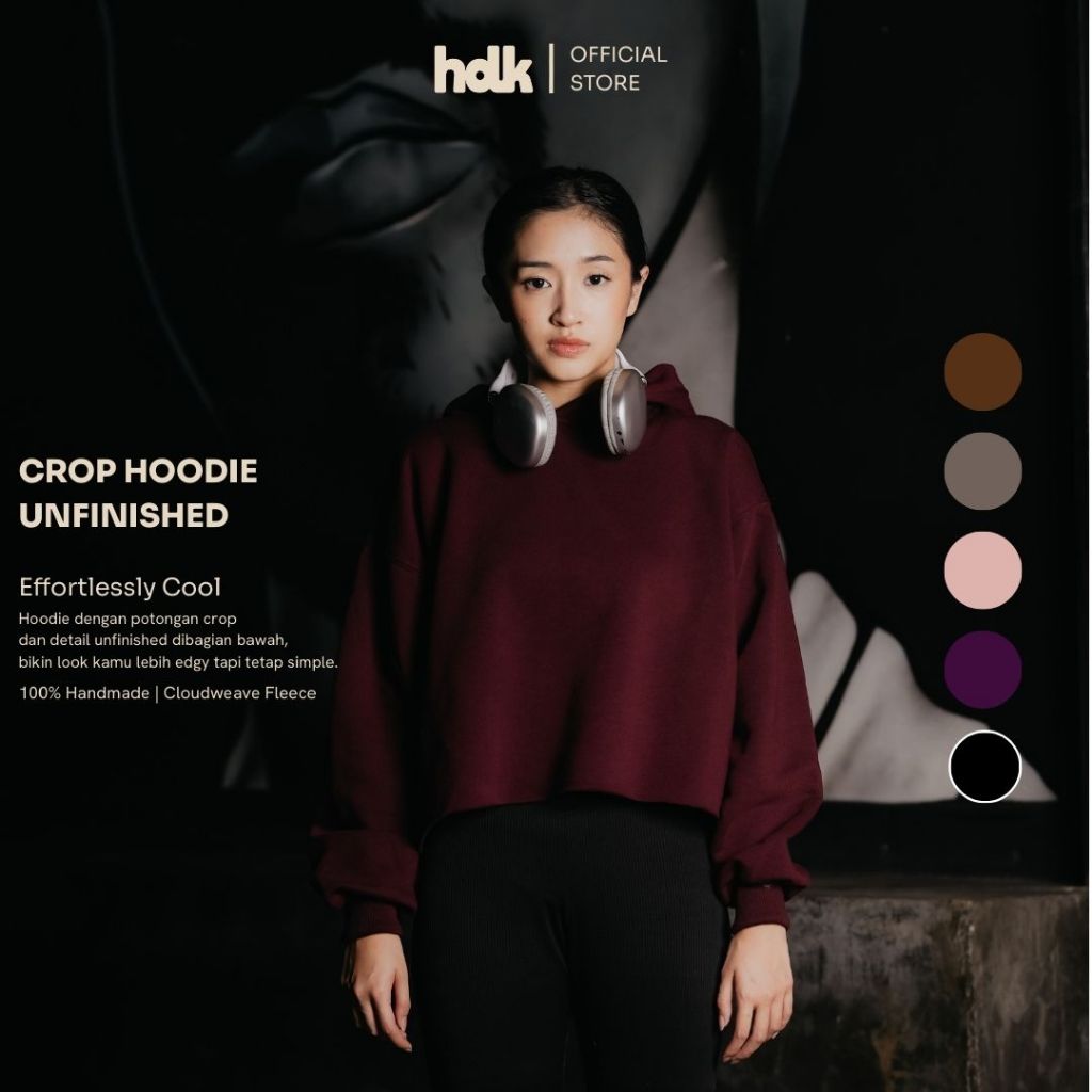 Hoodie Crop Wanita Unfinished Premium Polos | Fleece Tebal & Adem | Lokal Handmade | Burgundy - Hood