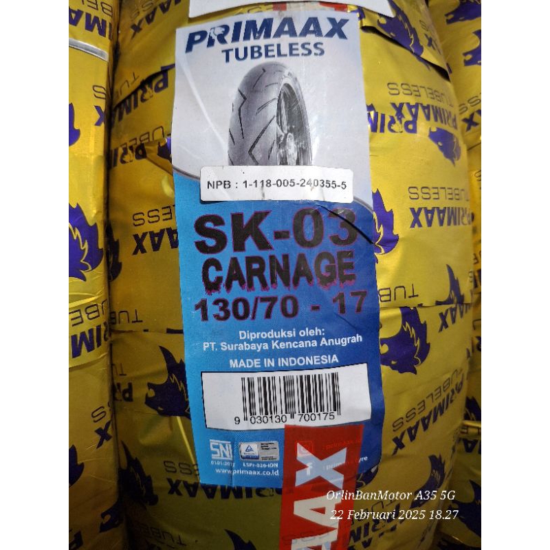 BAN PRIMAX SK03 130/70-17 TUBLES/BAN BELAKANG HONDA NEW CBR150R/BAN BELAKANG PRIMAX GSX150/BAN BELAK