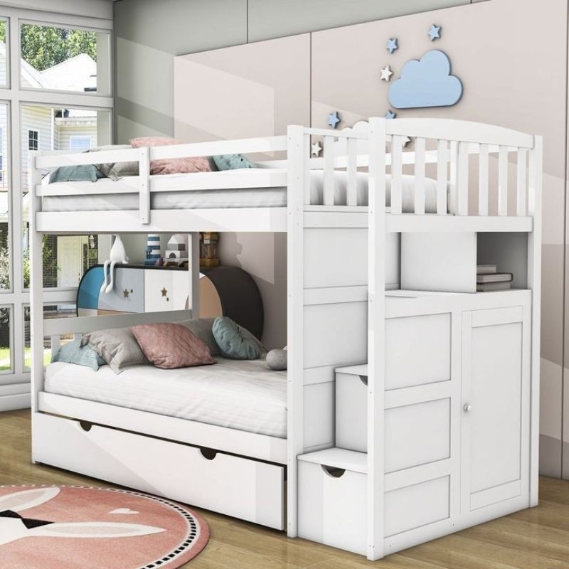 Tempat tidur tingkat kayu, tempat tidur  anak 3 susun minimalis putih