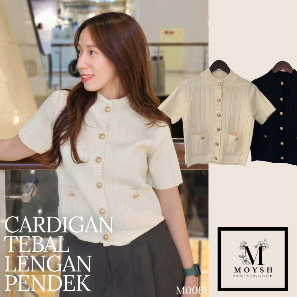MOYSH Cardigan Rajut lengan pendek bahan tebal garis lembut Baju Perempuan Kardigan