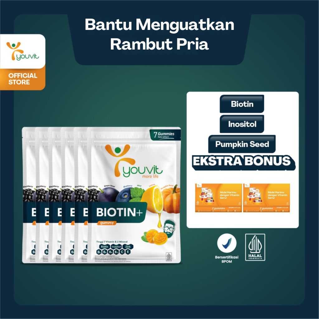 [FREE SAMPLE VITAMIN] Biotin Gummy untuk Vitamin Rambut Rontok Pria | Youvit Biotin+ for Men 42 Hari