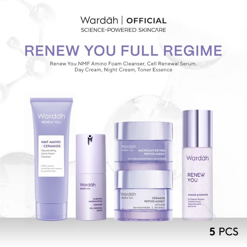 WARDAH Renewyou Paket Lengkap full REGIME (Serum,krim malam,krim siang, facial wash, toner Essence)