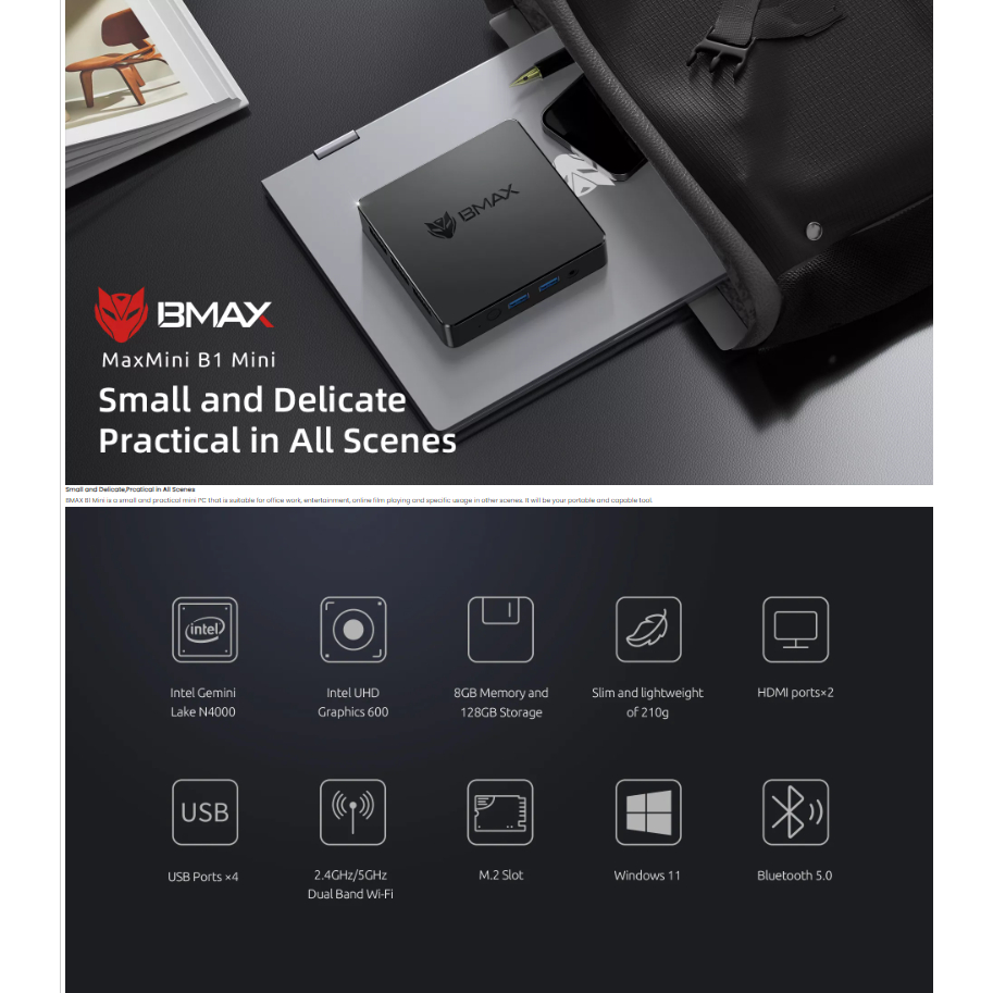 Mini PC BMAX B1 PRO Mini 8/128GB Intel N4000 WiFi HDMI Windows 11 Pro
