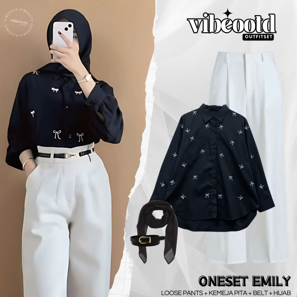 Emily Outfit Set Wanita Hijab ( Celana Kulot + Kemeja Pita + Belt +  Hijab )  One Set Hangout Simple