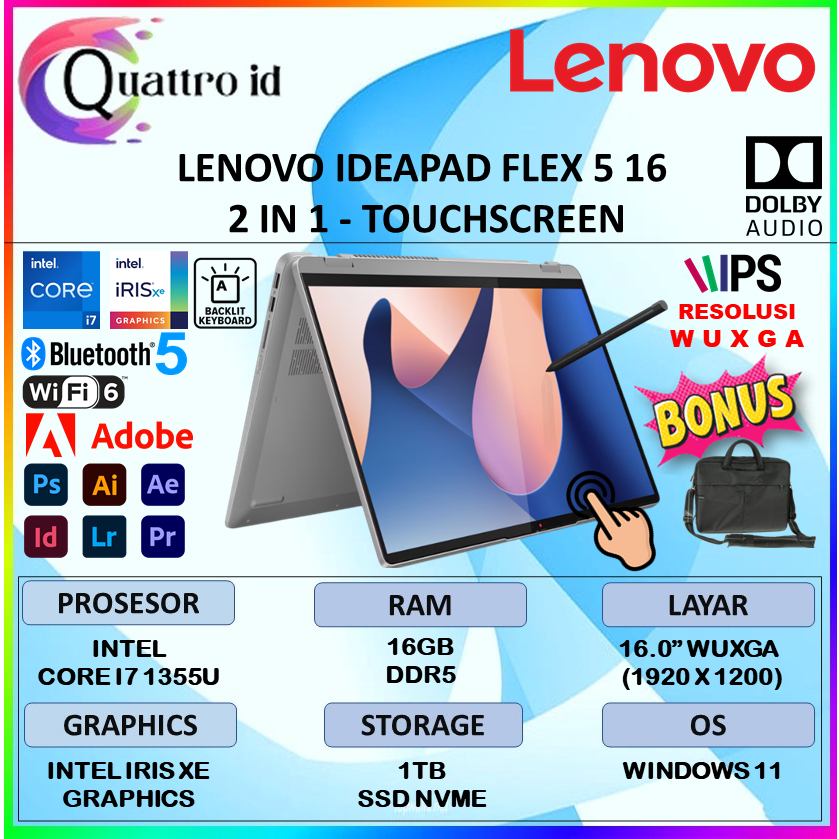 Laptop 2 in 1 Lenovo Ideapad FLex 5 16 Touch Intel Core i7 1355U 16GB Ssd 1TB 16.0 Inch WUXGA IPS Wi
