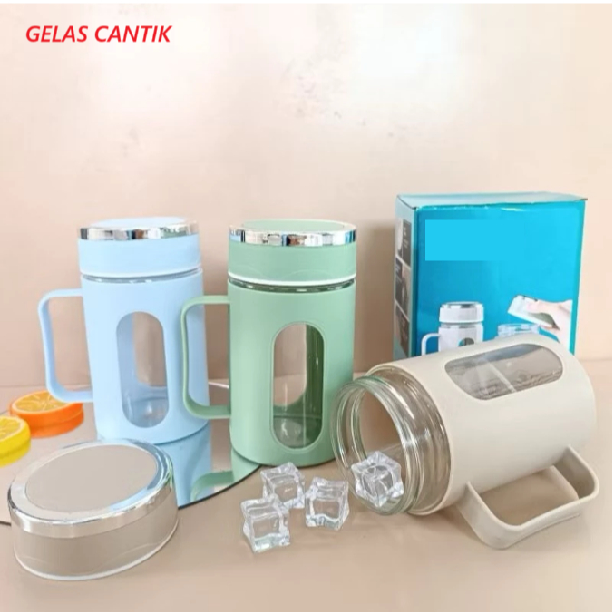 Gelas Kaca Botol Minum 500 Ml Kaca Mug Kaca Plus Tutup Cangkir Gelas Ganteng Cantik