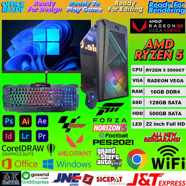 PC GAMING Full Set AMD RYZEN 5 5500GT + VGA RADEON VEGA + RAM 16GB + SSD 128GB + HDD 500GB + MONITOR