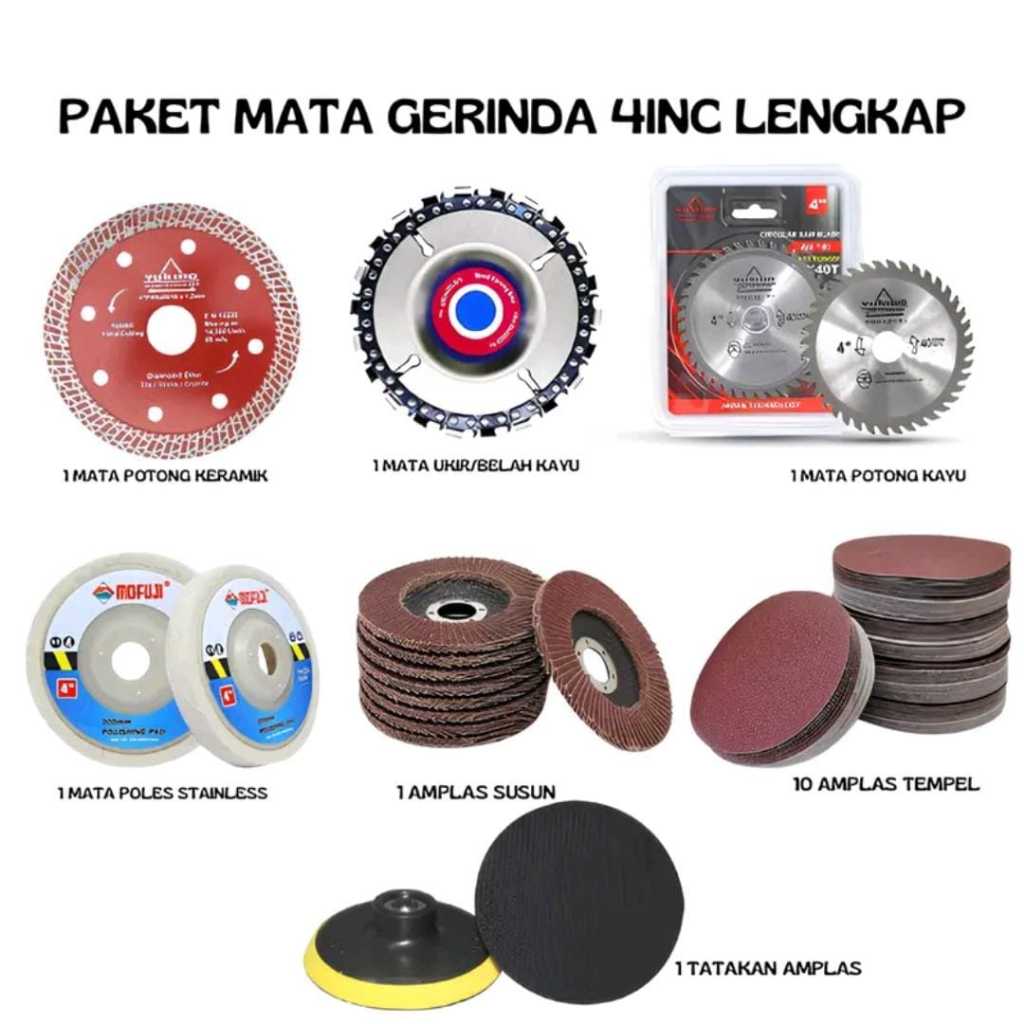 Paket Lengkap Mata Gerinda 4inch Potong Keramik, Kayu, Stainless, Susun, dan Tempel Mata Gerinda Pol