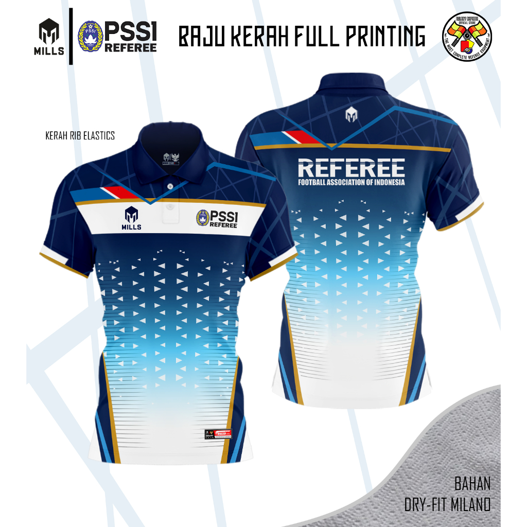 Baju Kerah FULL Printing - Mills - PSSI - REFEREE ( Logo Mills bisa di ganti Jadi INISIAL )