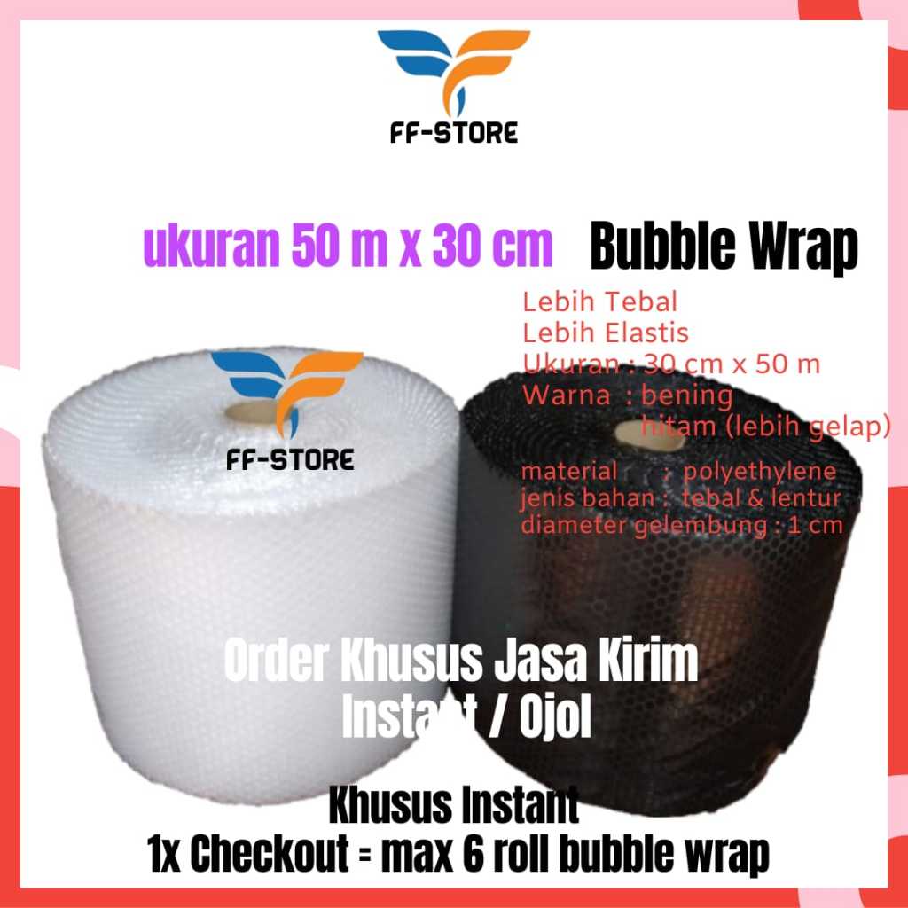 

[INSTANT] [50Mx30CM] Bubble Wrap Hitam Bening Roll 30 cm x 50 m Tebal Premium Ekonomis Murah Gosend Grab Bandung