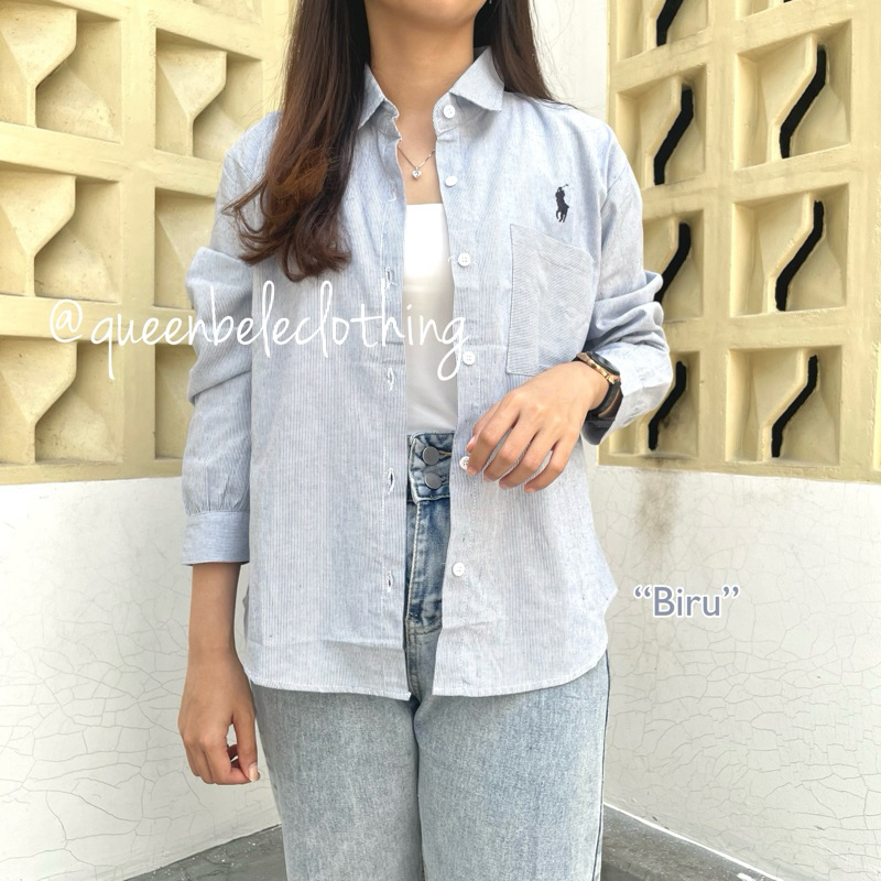 QUEENBELE KEMEJA CEWEK POLO BORDIR KEMEJA CEWEK LENGAN PANJANG SALUR POLO KEMEJA POLO SALUR KEMEJA S