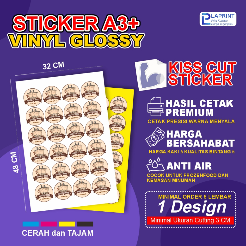 

Cetak Stiker Vinyl Glossy Kiss Cut A3+ Custom / Cetak Stiker Label Kemasan / Print Stiker Anti Air