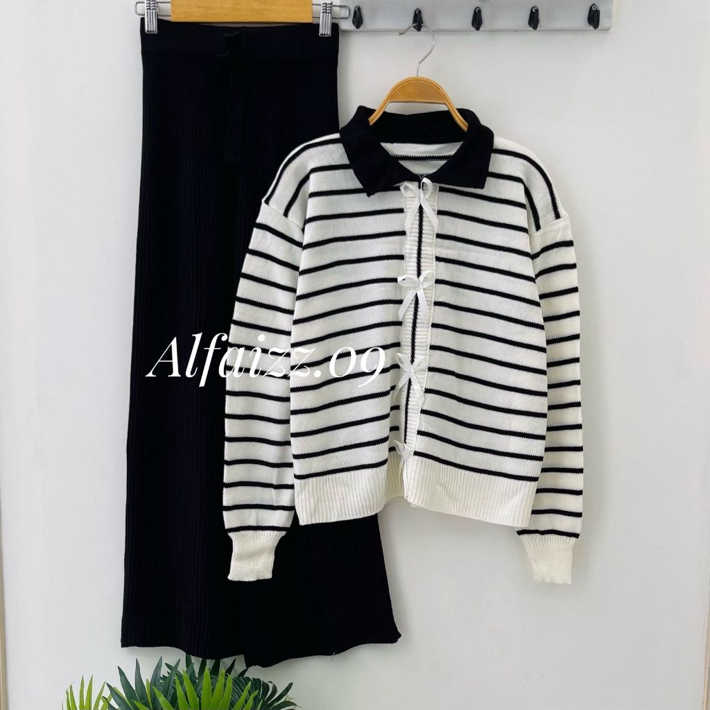 Oneset Abel Sweater Rajut Motif Pita Stripe Setelan Celana Kulot Wanita Premium Lengan Panjang Kekin