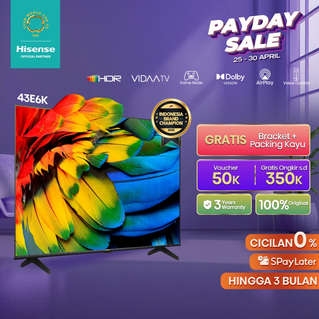 (PACKING KAYU) Hisense 43" 4K UHD Vidaa Smart TV-Bezelless Design-Dolby Audio- Youtube/Netflix/Prime