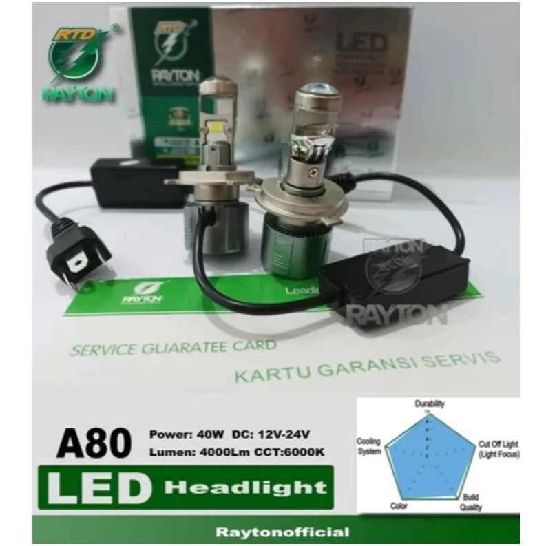Bohlam Lampu Utama dan Foglamp LED H4, H11, HB3, HB4, H7, HIR2 A80 80 Watt Original RTD Rayton