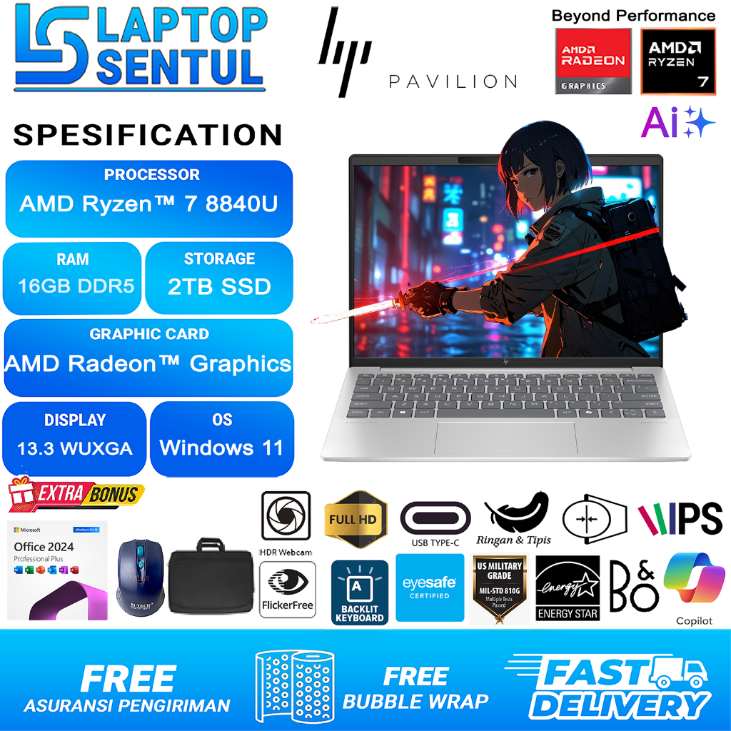 Hp Pavilion Aero 13 AMD Ryzen 7 8840U 1TB SSD WUXGA 100%SRGB Windows 11 Office 2024 Silver