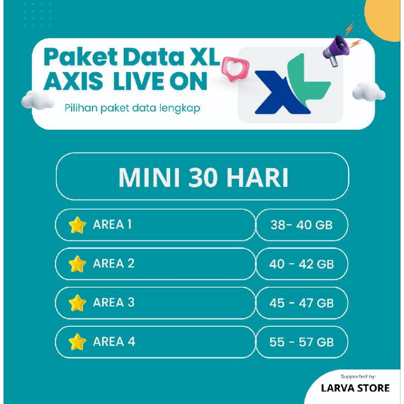 KUOTA XL AXIS LIVEON 55-57 GB 28 HARI FULL 24 JAM BERGARANSI 100% COCOK AREA 1 2 3