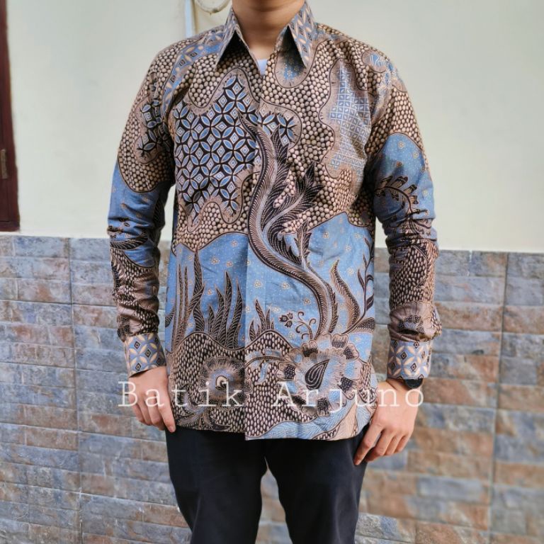 SALEE KEMEJA BAJU BATIK PRIA LAPIS FURING EKSLUSIVE LENGAN PANJANG KEMBANG KAWUNG Biru Wardah