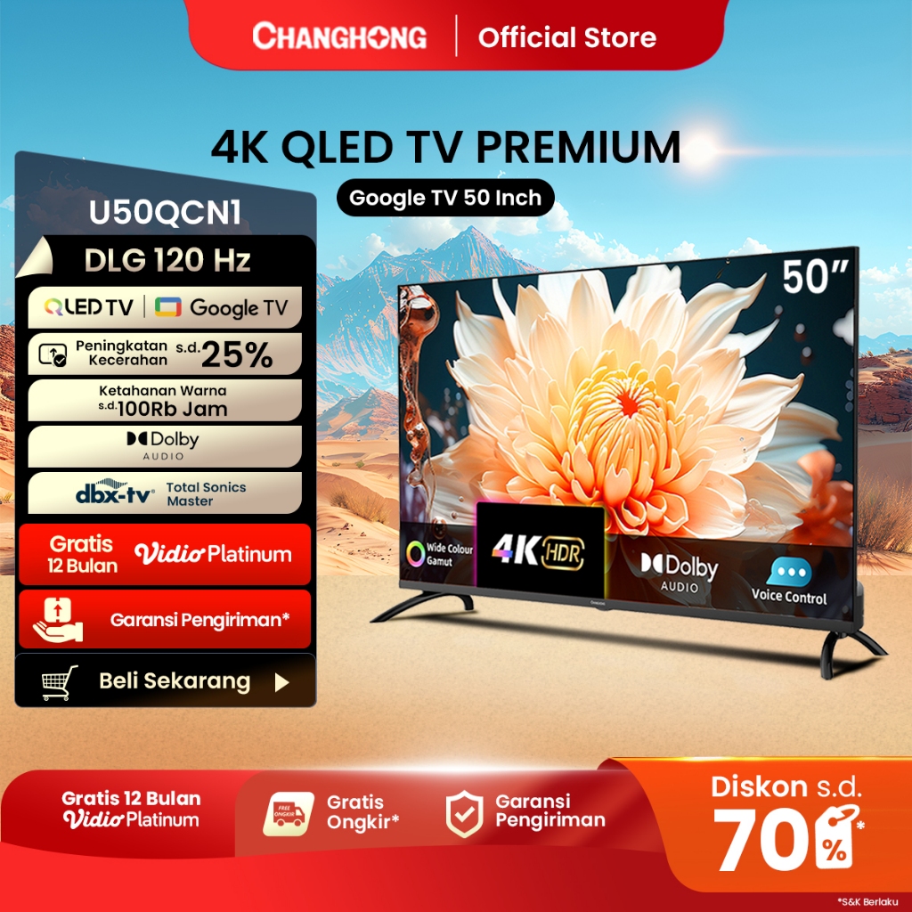 Changhong QLED TV 50 inch DLG 120HZ 4K Google TV Smart TV Digital Dolby Audio DBX-TV (U50QCN1)