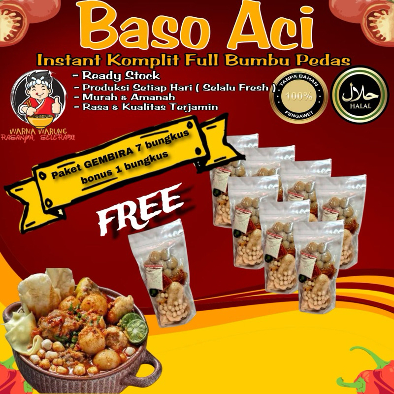 

7 BUNGKUS [Paket Gembira] Baso Aci Instan Khas Bandung Komplit Full Bumbu Pedas FREE 1 BUNGKUS / Boci Homemade / Bakso olahan / Baci Kuah - Makanan Cemilan Viral