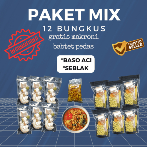 

paket combo 12 bungkus baso aci / seblak instan / gratis makroni bantet pedas / seblak pedas / baso aci instan siap saji / paket mix 12 pcs baso aci seblak