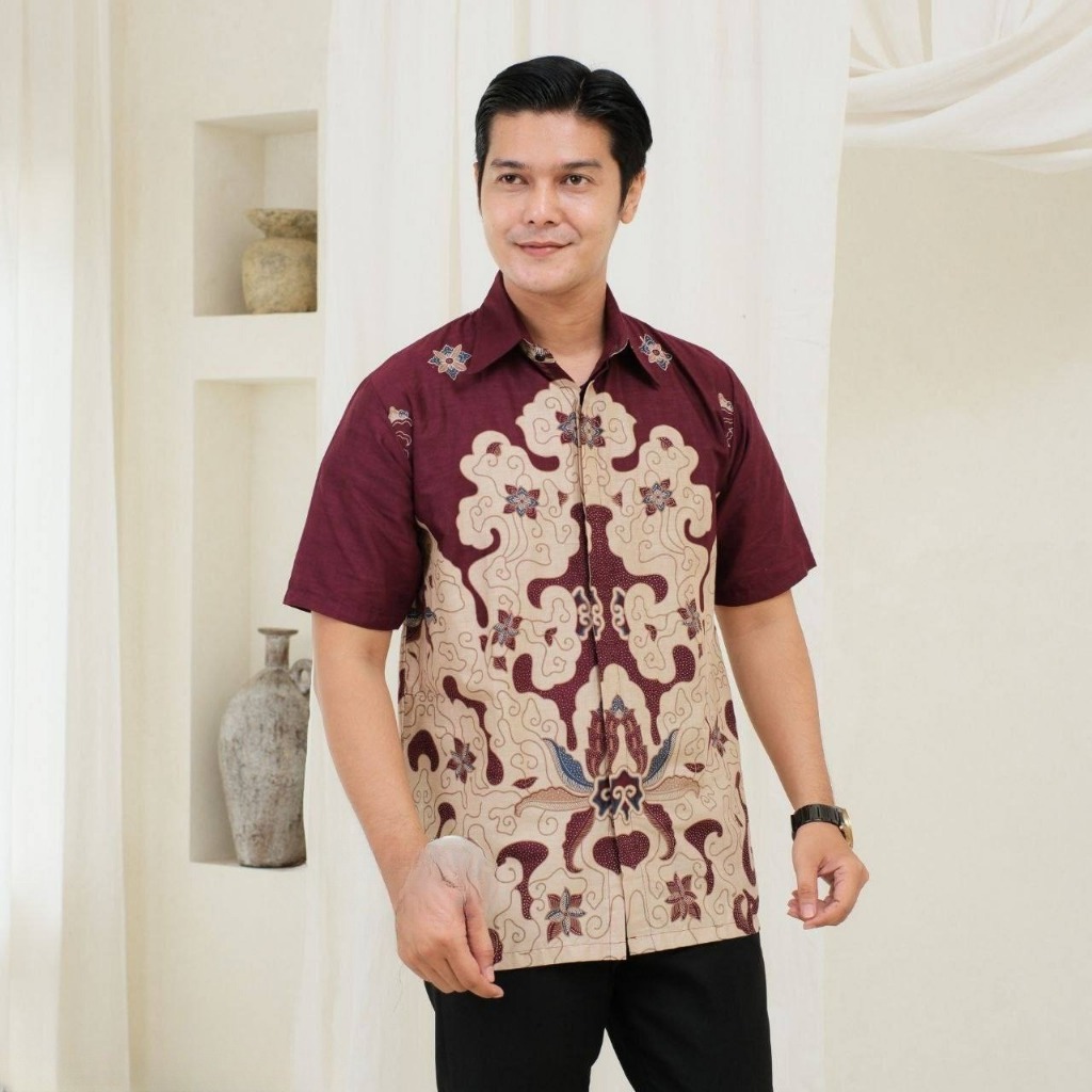 Baju Batik Pria Lengan Pendek KErja Maupun Pesta Ungu Burgundy Motif Terbaru