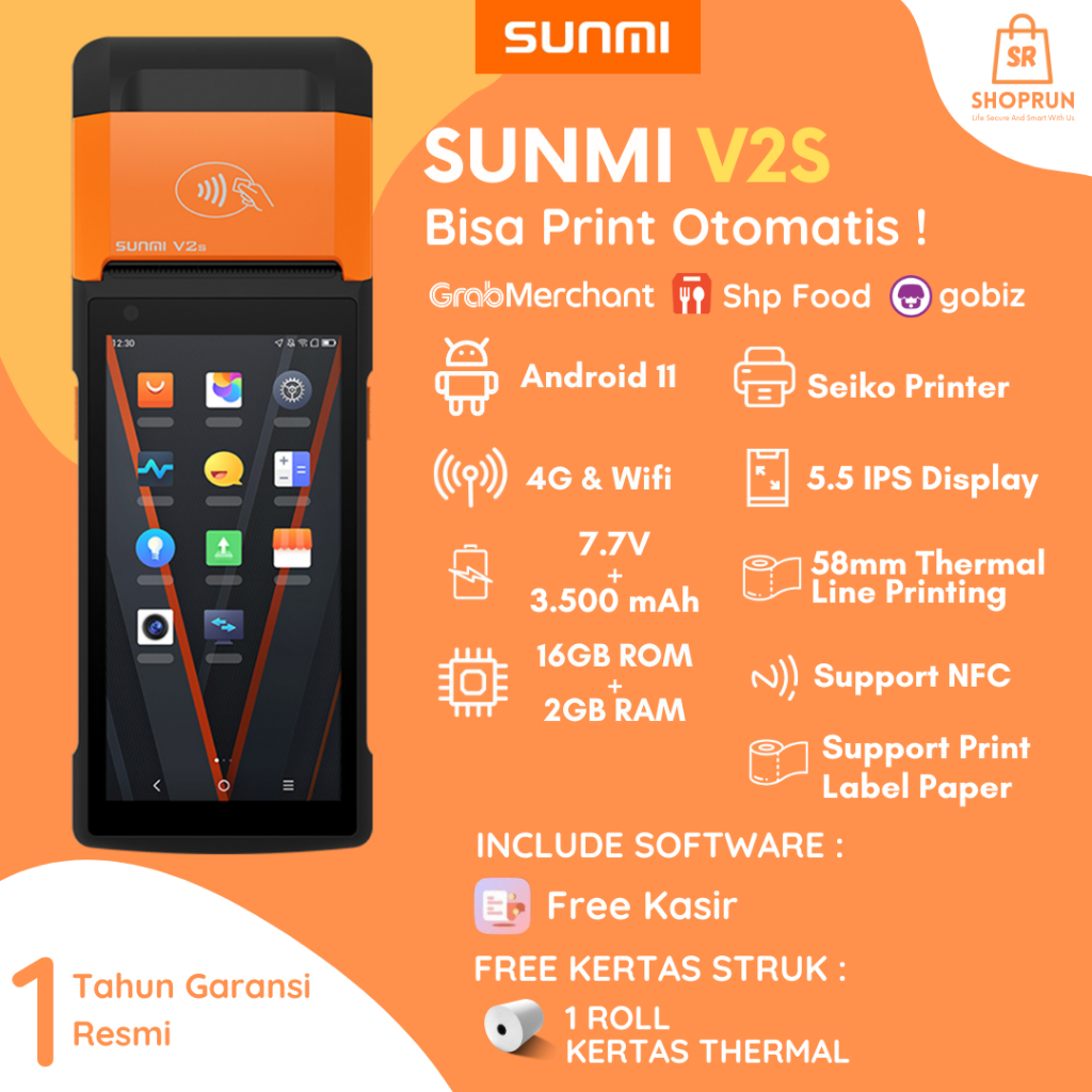 Mesin Kasir Android Portable SUNMI V2s 4G LTE NFC Scanner Bisa Print Label Stiker Support Auto Print