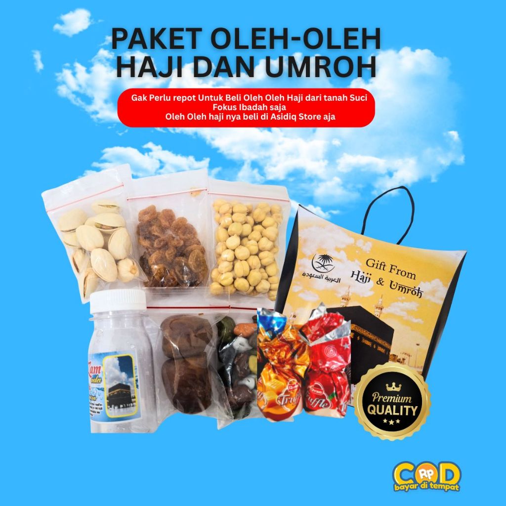 

Paket oleh oleh haji murah kurma kacang arab coklat tuffel kismis air zam zam