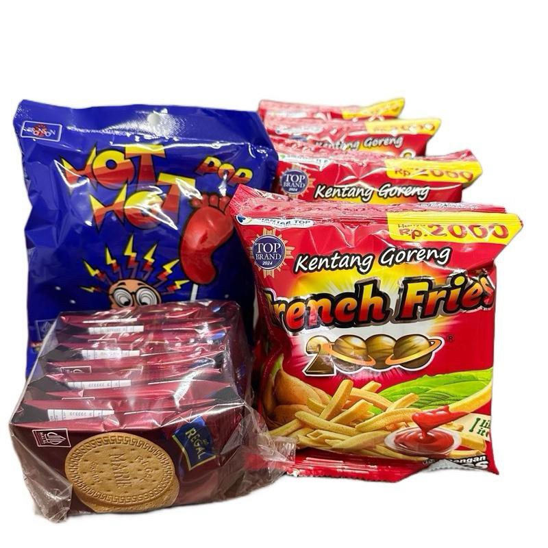 

PAKET JAJANAN ANAK 3 (10 French Fries+10 Regal+1 Hot Pop) Cemilan