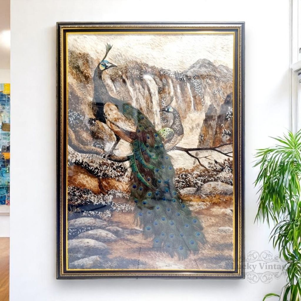 Vintage Lukisan Bulu Peacock Burung Merak Original Karya Edi Ukuran Besar