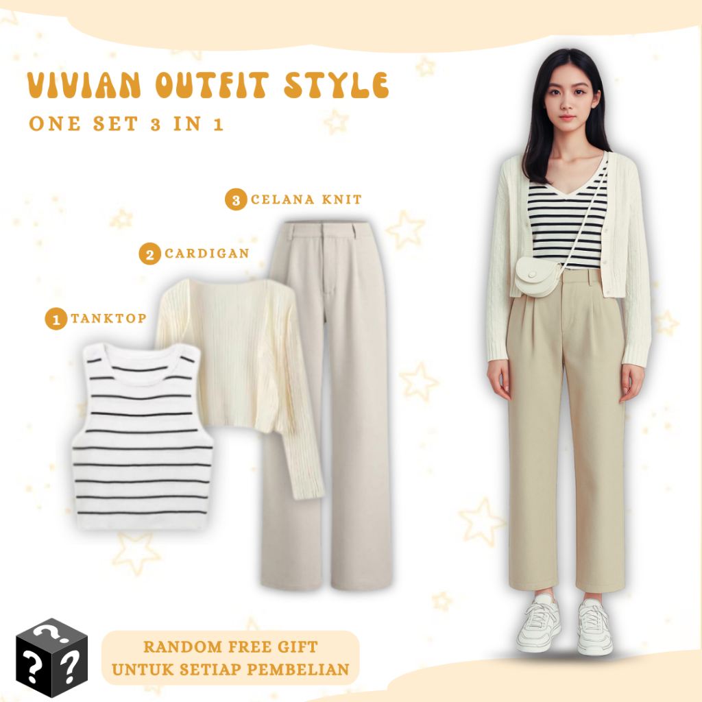 Vivian Outfit One Set Casual (Cardigan, Celana Knit, Tanktop) Setelan Wanita Hangout Satu Set - FE11